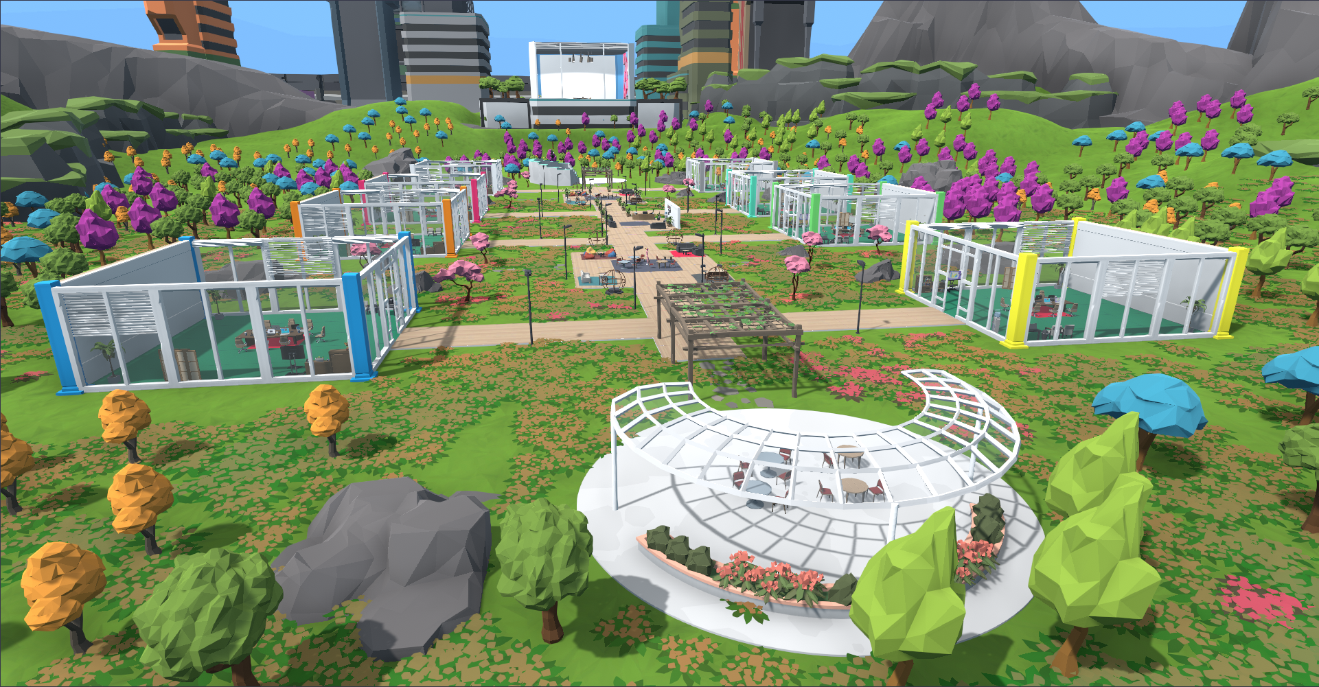 A screenshot of the Breakroom Campus Large Region, which is a low-poly open-air environment with eight office areas connected by walkways. A modern trellis gazebo offers an additional seating area.