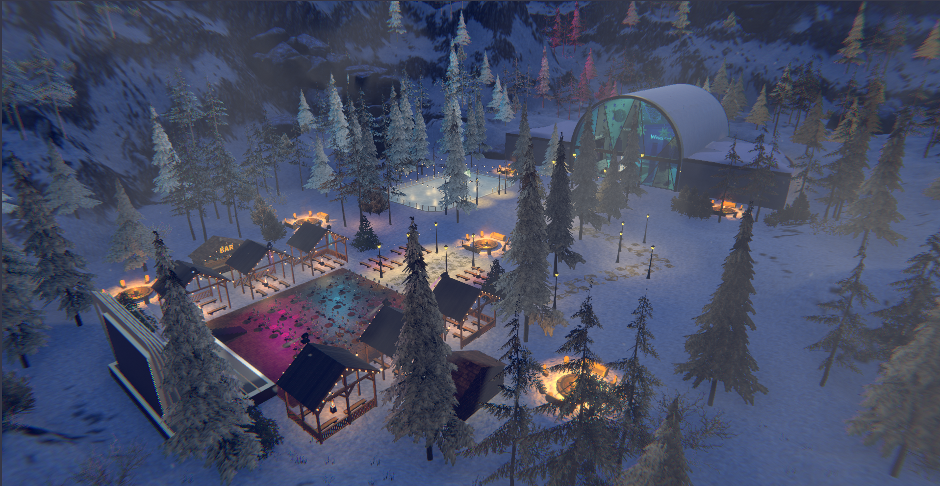 A screenshot of the Breakroom Alpine Retreat Region, which consists of a large building and associated outdoor gathering spots situated in a pine forest. Bonfires, drink stations, and other festivities light up the night.