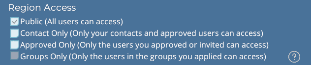 A closeup of the Region Access panel in the Region Information window. Four types of Region access are listed here, and are described in great detail below.