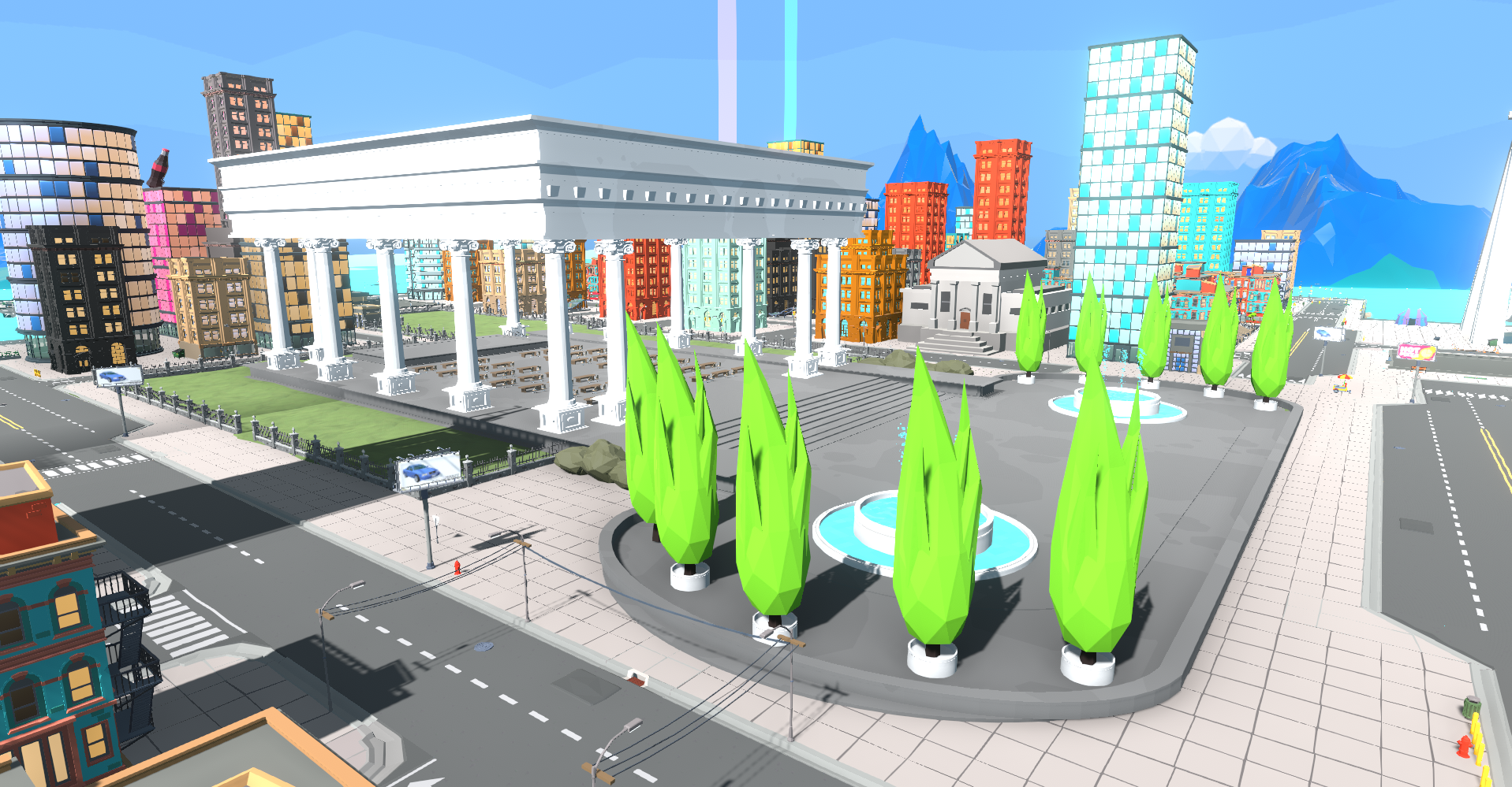 A screenshot of the Breakroom City Townhall Region, a low-poly city with a central columned amphitheater full of desks.