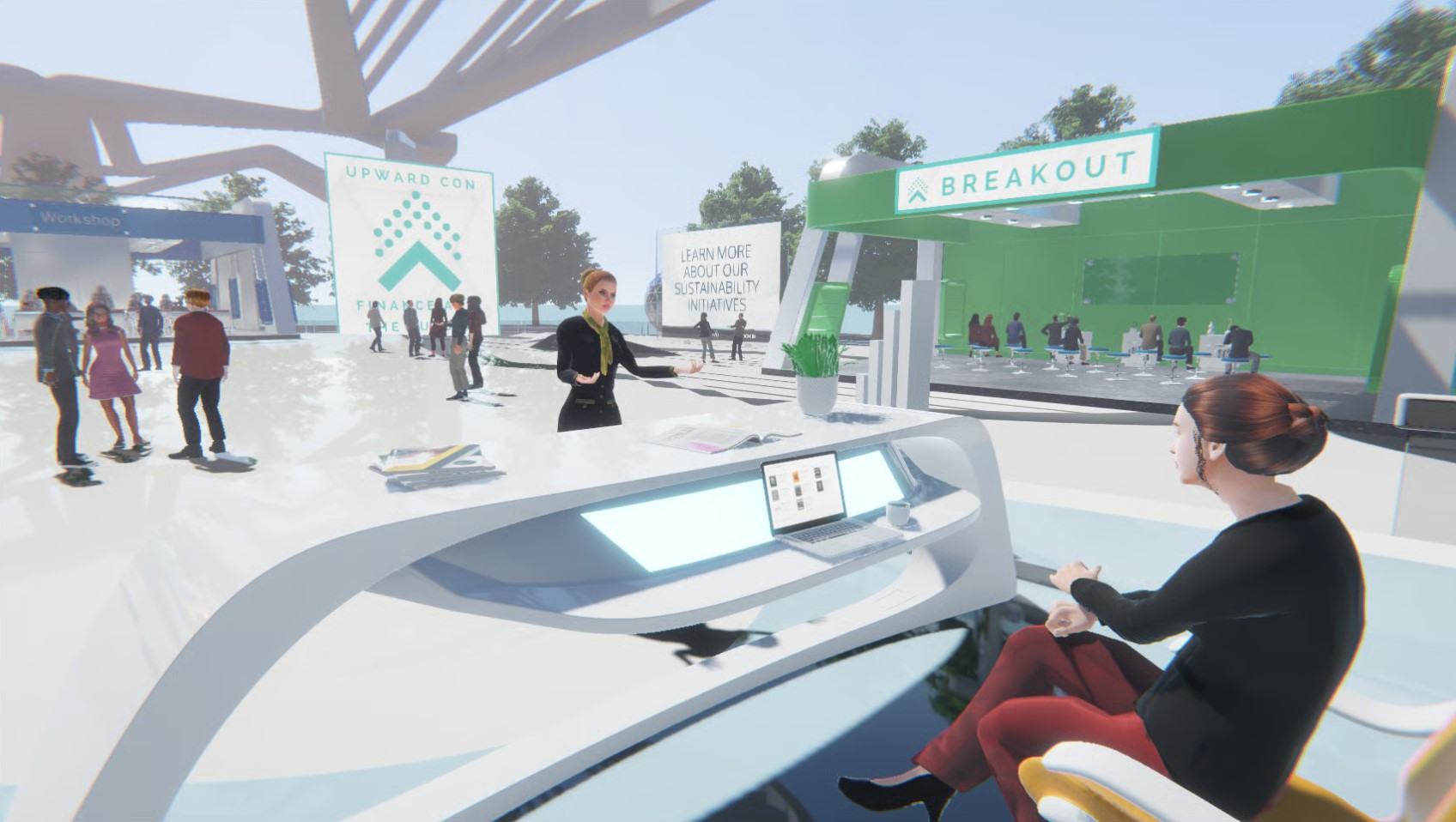 Groups of avatars converse in a futuristic, open-plan convention center. In the foreground, a convention attendee seeks advice from a staffer who is seated behind a desk.