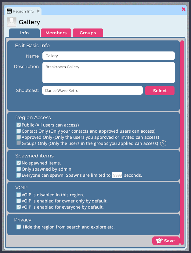 A screenshot of the Region settings tab available to Region Owners and Region Administrators. Options listed in this window are described below.