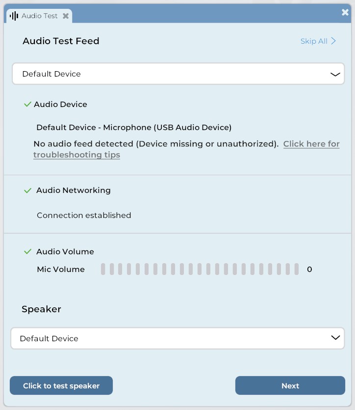 A closeup of the Audio Test panel. The UI for this panel is described below.