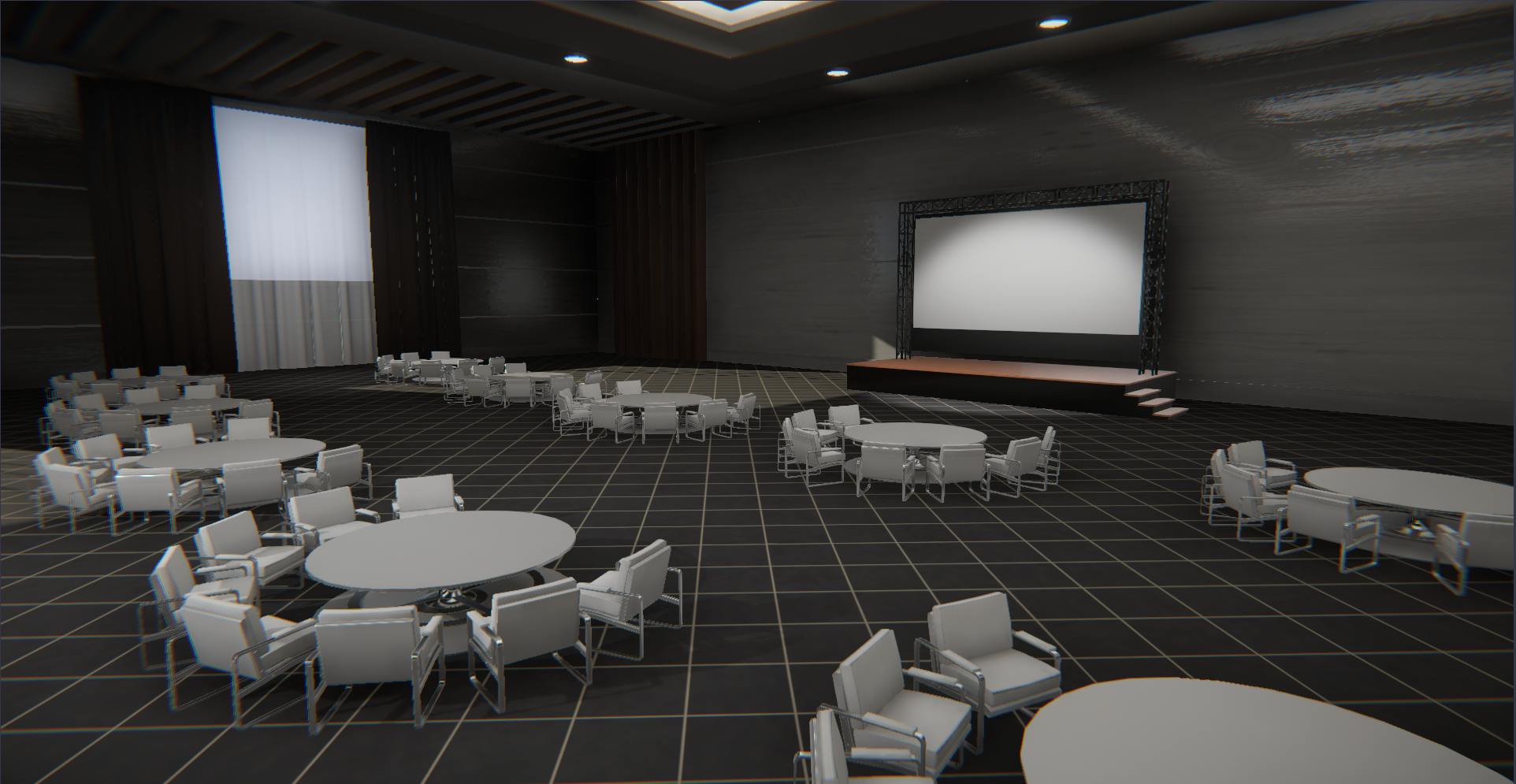 A screenshot of the Breakroom Ballroom Region, which consists of luxurious white dining tables set up in front of a convenient stage.