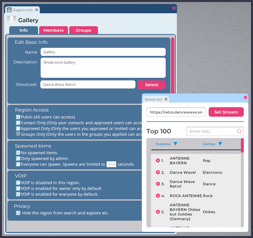 A screenshot of the Region Information window alongside the audio stream selection menu. Multiple audio streams are listed.