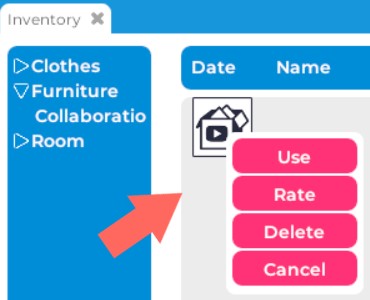 A closeup of a bundled item and its associated action menu. The buttons, from top to bottom, are labeled "Use," "Rate," "Delete," and "Cancel."