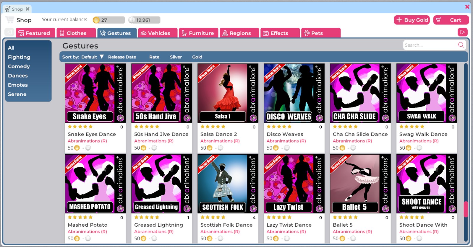 A closeup of the Shop window. Under the Gesture tab, a number of different dance gestures are listed, including ballet, break dancing, and disco.