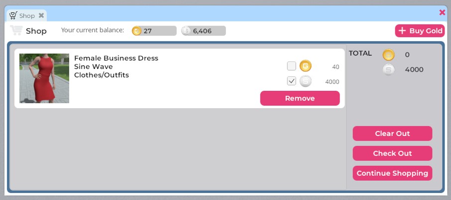 A closeup of the Breakroom Shop cart. It is populated by a single item, a red sheath dress. Toggles at the top allow you to select whether you want to pay for the item using Gold or Silver, while buttons on the bottom allow you to clear the cart, check out, or continue shopping.