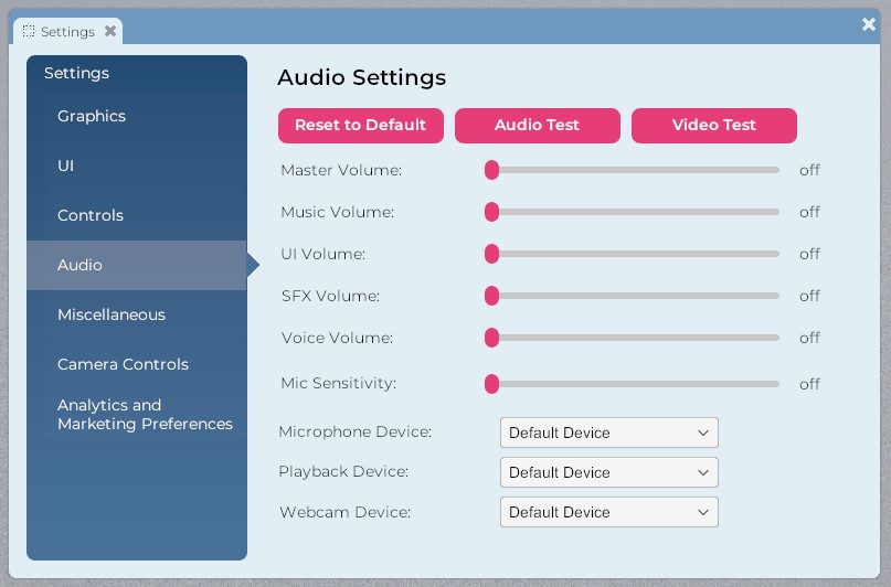 A closeup of the Audio settings tab under the Settings window. The UI for this window is described below.
