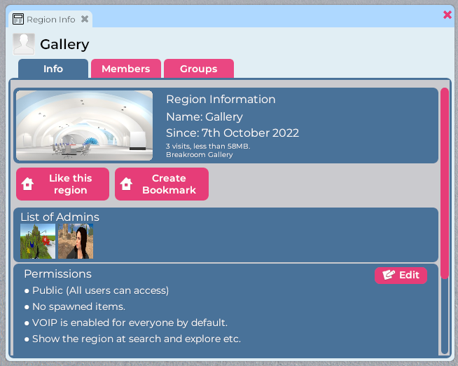 A screenshot of the Region Information window. This window lists information about the Region, its Administrators, and its current permissions.