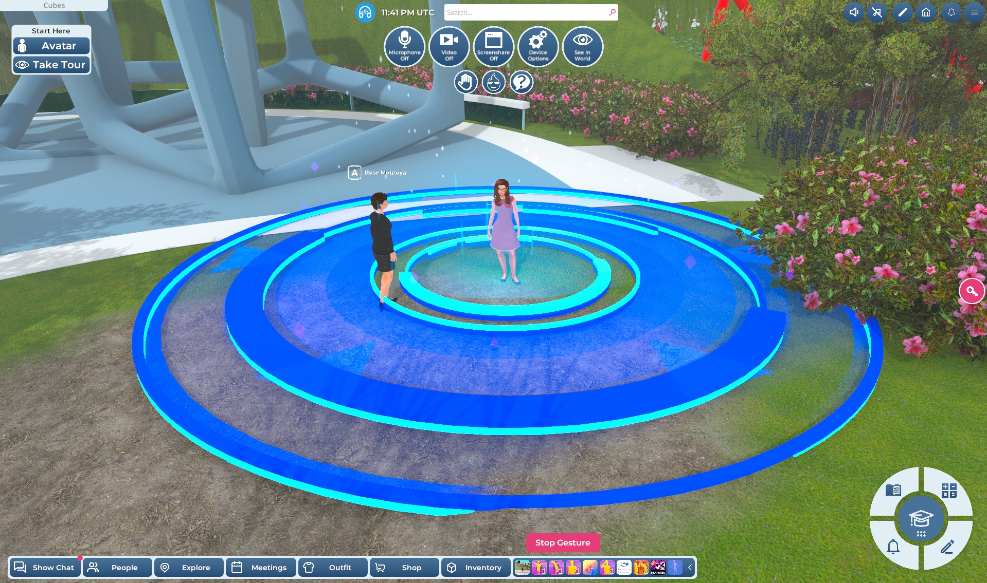 A screenshot of two female avatars standing in a sculpture garden. One of the avatars has started an open gesture, and glowing blue rings highlight the "gesture zone" around her.