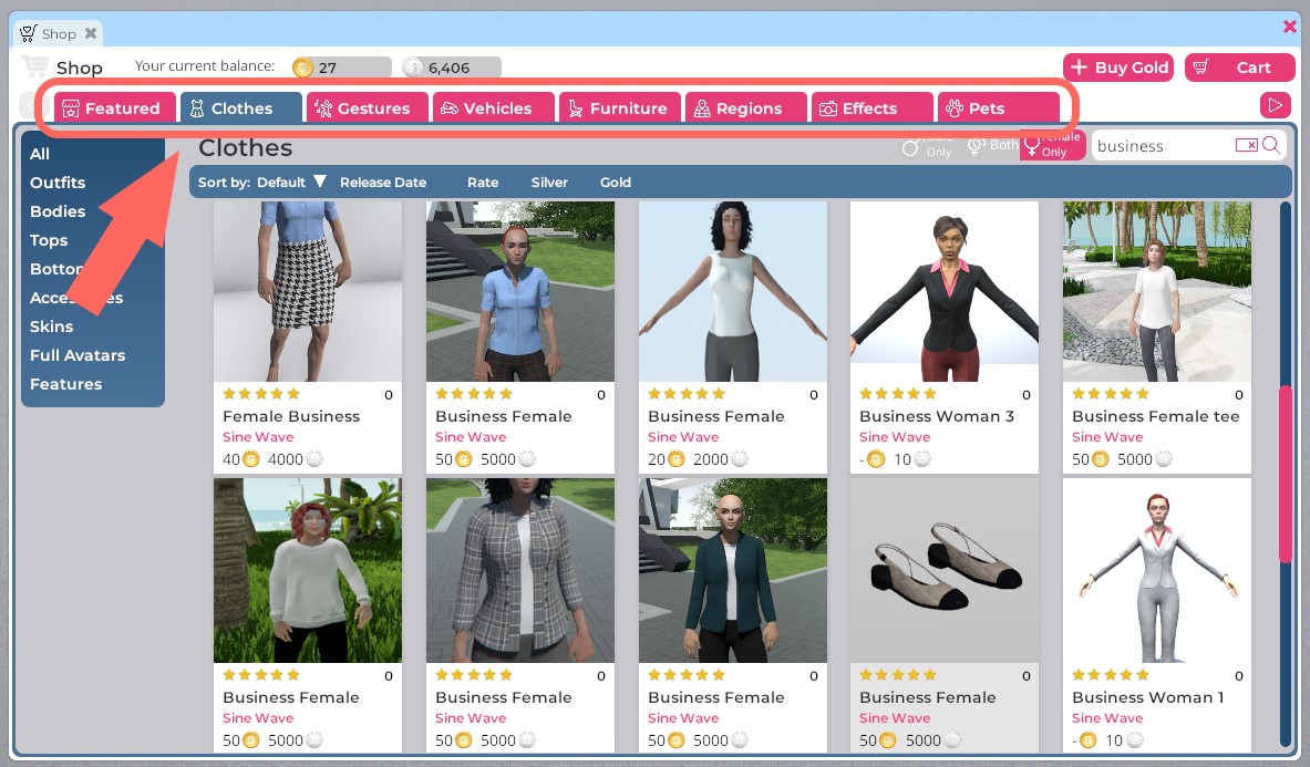 A screenshot of the Breakroom Shop, with the category tabs along the top highlighted. The Clothes category is currently open, and the window contains tiles corresponding to various items of clothing for sale, including suit jackets, shoes, and t-shirts.