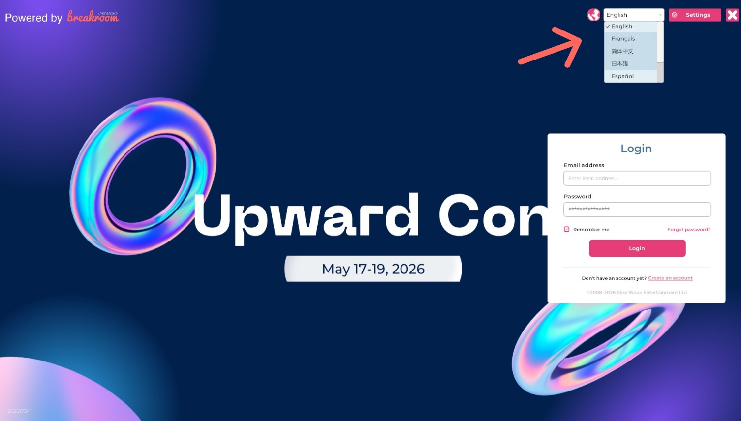 The login screen of the Breakroom desktop application. Highlighted: The Language drop-down menu.