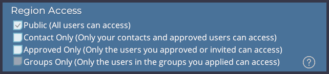 A closeup of the Region Access panel in the Region Information window. Four types of Region access are listed here, and are described in great detail below.