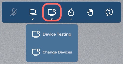 A closeup of the Microphone and Device Options buttons located at the top of the screen. The Device Options button has been clicked, revealing two additional buttons - Mic  & Cam Test and Change Devices.