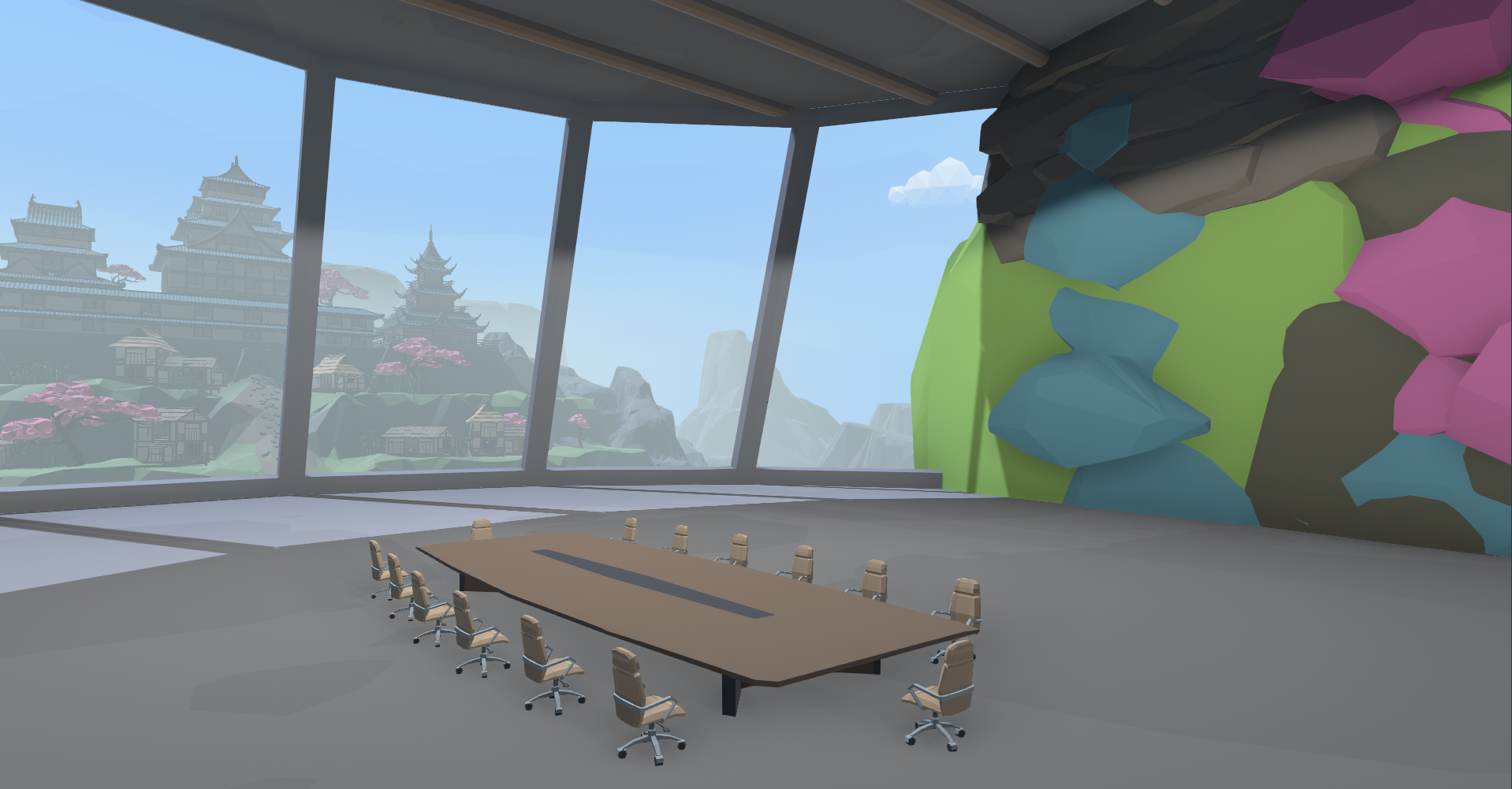 A screenshot of the Breakroom Boardroom Region, which consists of a large room with organic walls and tall windows overlooking a Japanese temple. A long conference table sits in the middle of the room.