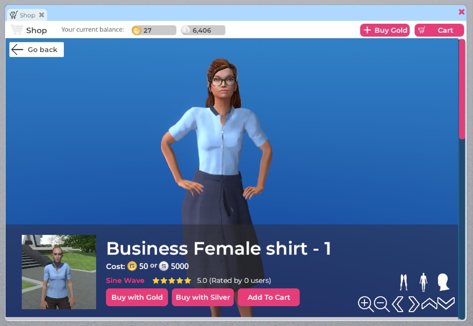 A closeup of the Breakroom Shop clothing preview window. Here a female avatar with auburn hair is trying on the blue, short-sleeved Oxford shirt. She is also wearing a navy blue wrap skirt. There are buttons allowing you to purchase the shirt with Gold, with Silver, or to add it to your cart.