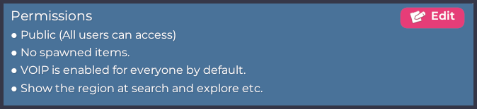 A closeup of the Permissions panel in the Region Information window. In addition to listing the Region's current permissions, an Edit button is located in the top right corner.