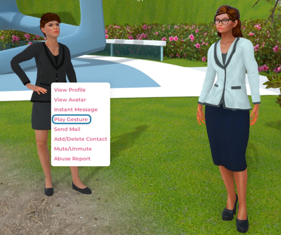 A screenshot of two female avatars standing on a lawn. An action menu has been opened by clicking the avatar in the back, and a highlight draws attention to the "Play Gesture" action.