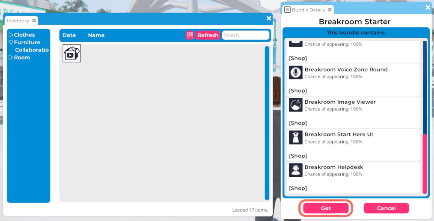 A screenshot of two windows displayed next to each other. On the left is the Inventory window, where a single bundle icon is visible. On the right is the Bundle Detail window corresponding to this bundle. The bundle contents are listed in the window, while buttons at the bottom allow you to "Get" the bundle contents, or "Cancel" the bundle opening.