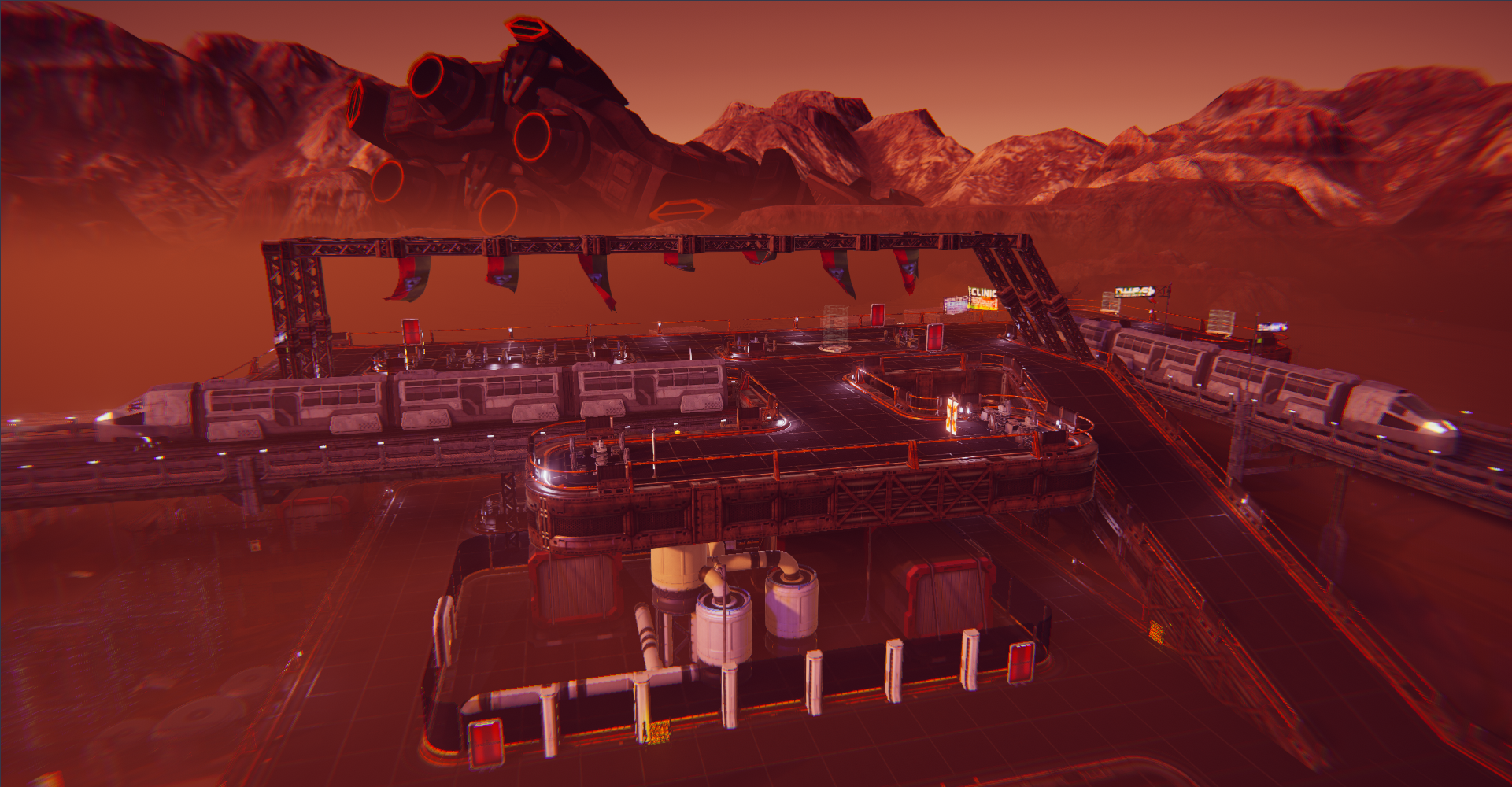 A screenshot of the Breakroom Zone 54B Region, which features a sci-fi industrial landscape under hazy red skies. Catwalks and lighted pathways connect the various areas, while in the distance the engines of a downed spaceship jut out of the earth.