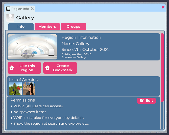 A screenshot of the Region Information window. This window lists information about the Region, its Administrators, and its current permissions.