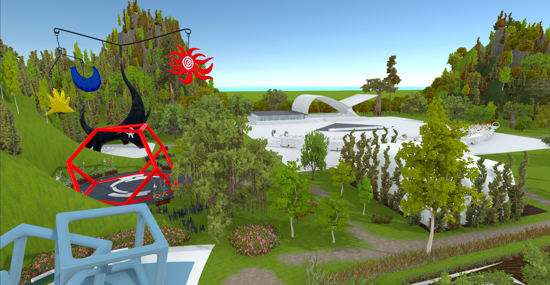 A screenshot of the Breakroom Azalea Garden Region, which consists of a number of unique buildings and art installations set in a picturesque countryside. The colorful, oversized art pops against the green grass and blue sky.