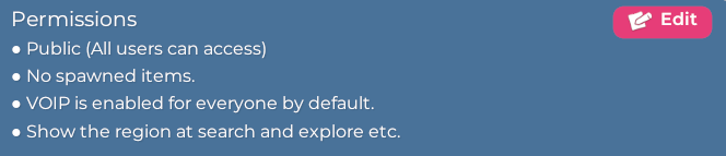A closeup of the Permissions panel in the Region Information window. In addition to listing the Region's current permissions, an Edit button is located in the top right corner.