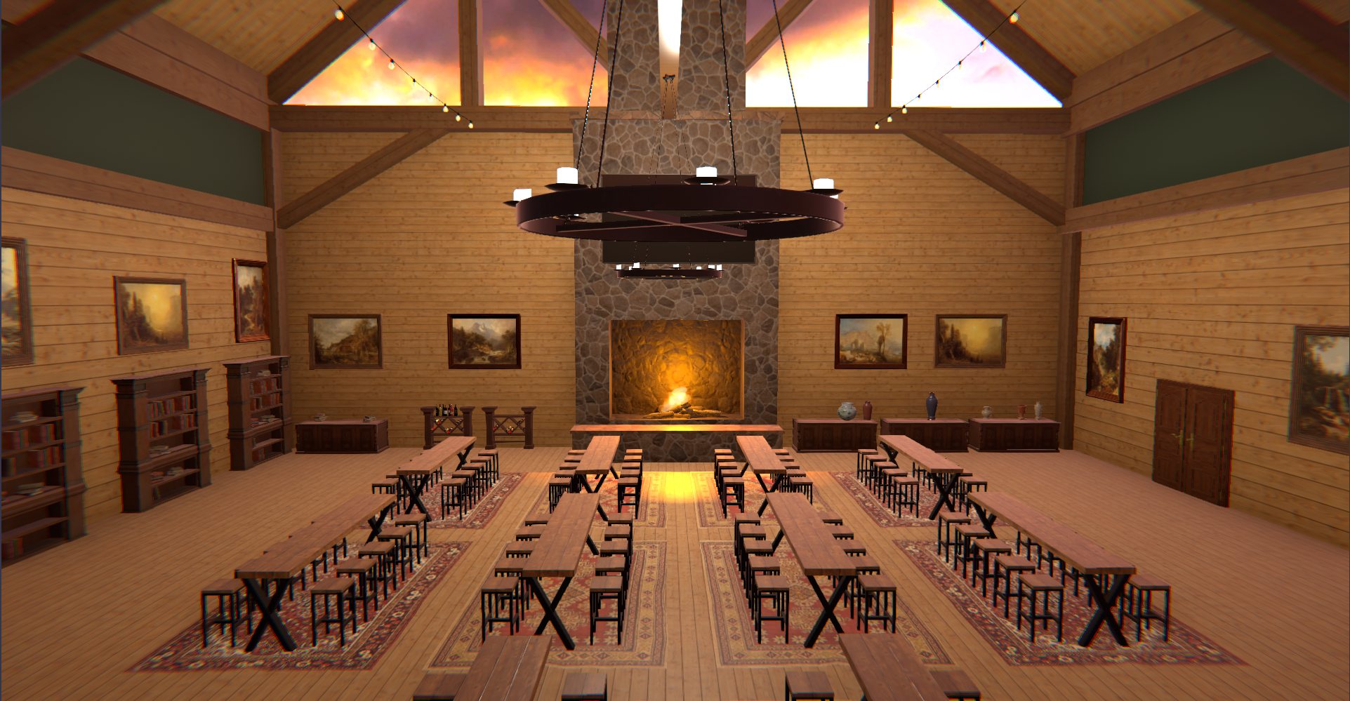 A screenshot of the Breakroom Cabin Region, which consists of a warm cabin interior filled with long, communal working tables. A large fireplace and traditional artwork make the place seem homey and inviting.