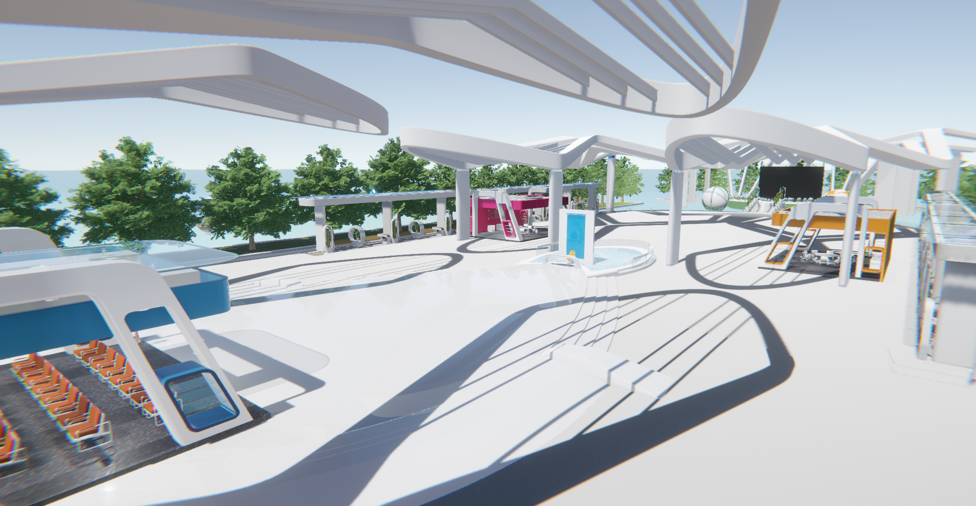 A screenshot of the Breakroom Conferece Region, which is a long white open-air conference hall with slatted roof pieces for visual interest. Several brightly colored breakout areas are already installed.