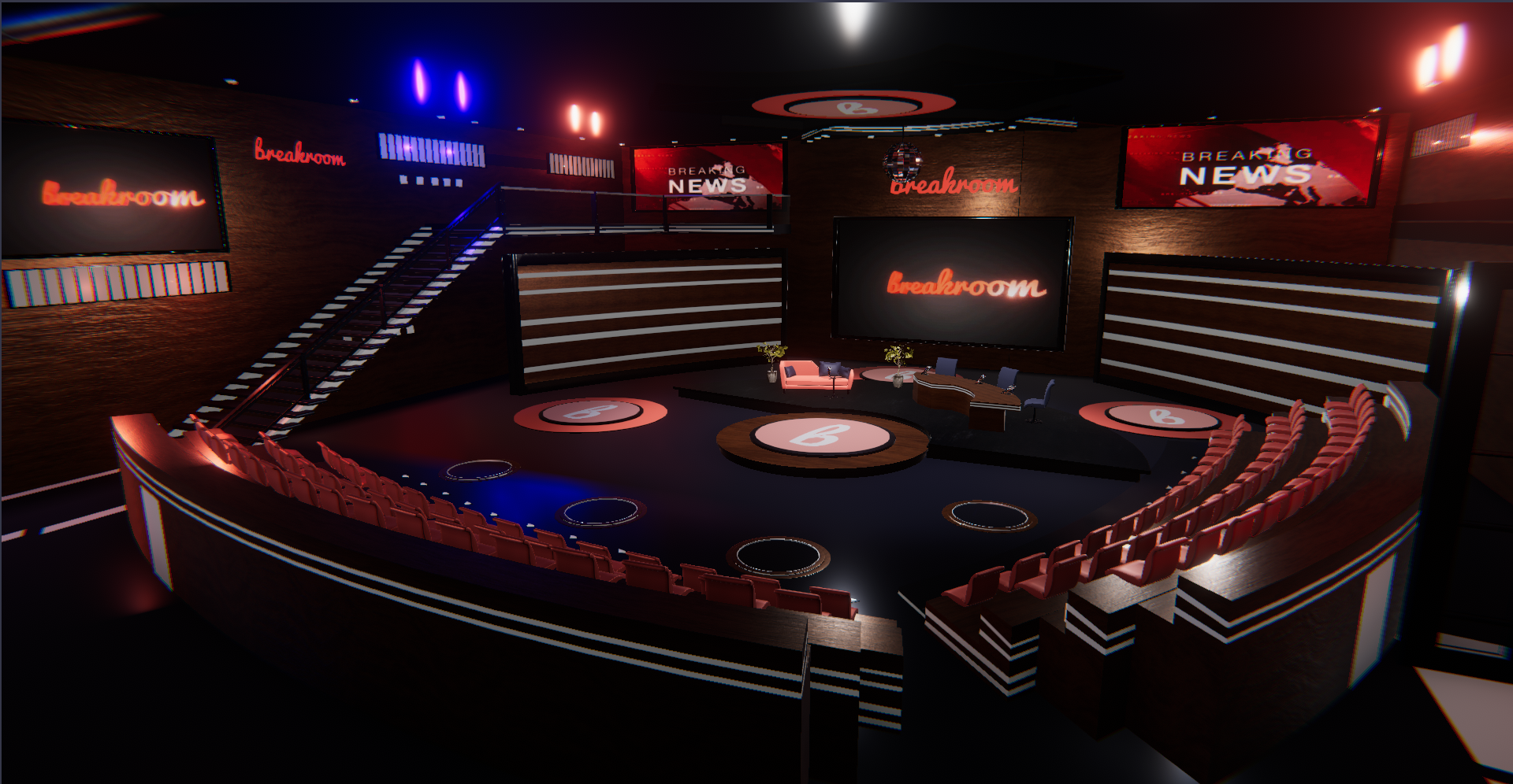 A screenshot of the Breakroom Show Region, which consists of a news-style studio with anchor and podcaster desks surrounded by cheerful red stadium seating.