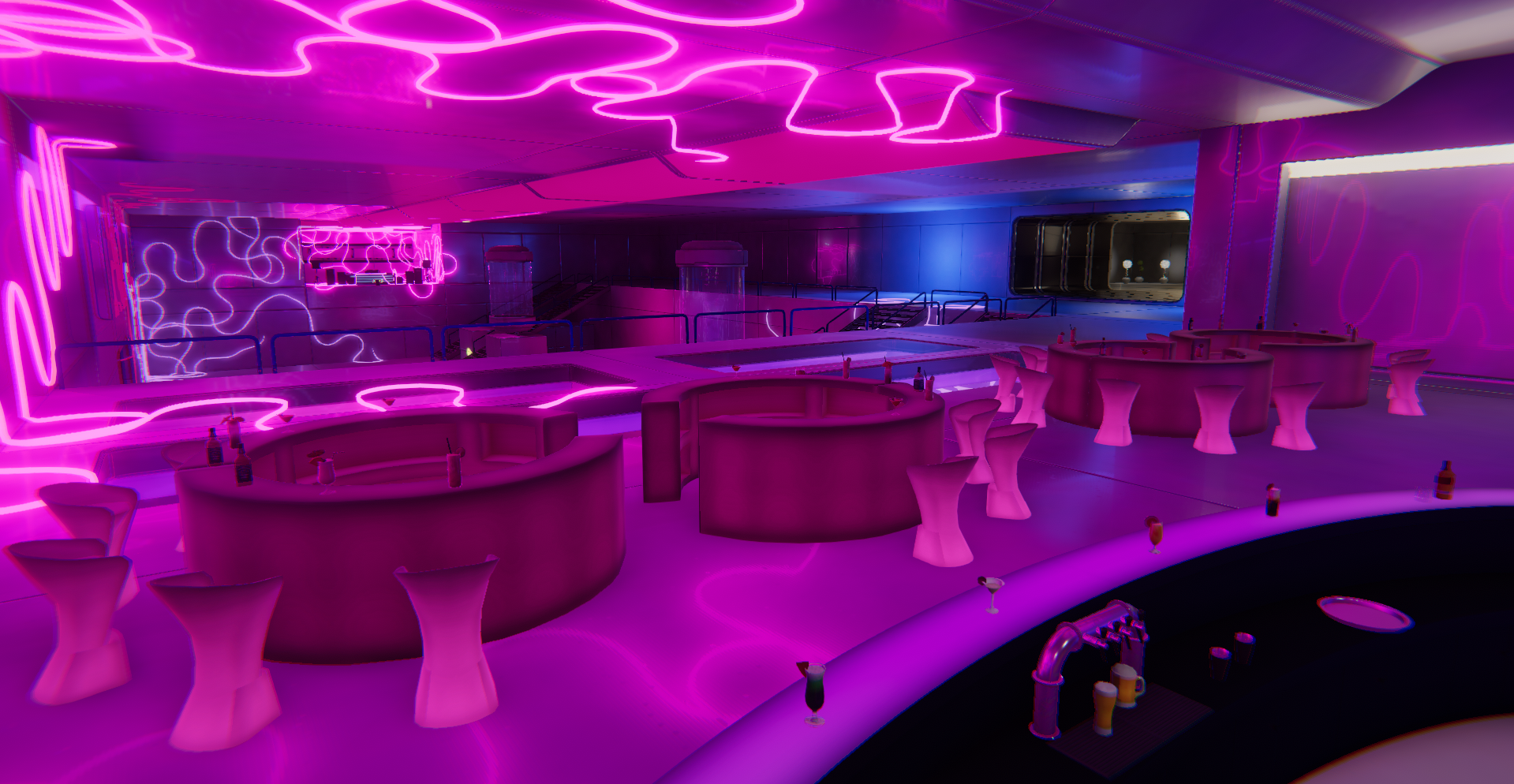 A screenshot of the Breakroom Neon Club Region, taken from behind the main bar and overlooking the dance floor. The furniture is very modern, and pink and purple neon lights add visual interest to the walls. 