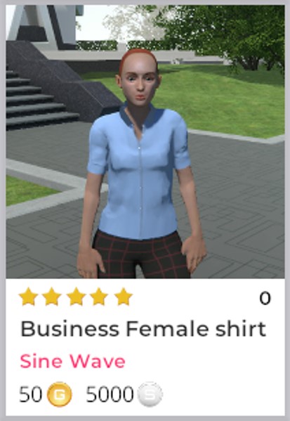 A closeup of a shirt listing in the Breakroom Shop. The model has close-cropped ginger hair, and they are wearing a blue short-sleeved Oxford shirt. This shirt can be purchased with either Gold or Silver currency.