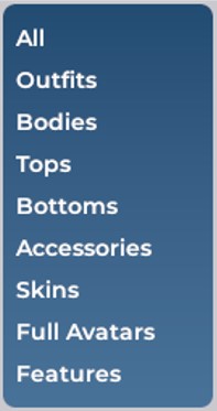 A closeup of the Clothes subcategory menu. Clicking on any of these subcategories will narrow down your search -- for instance, you can browse through full outfits, tops, bottoms, etc.