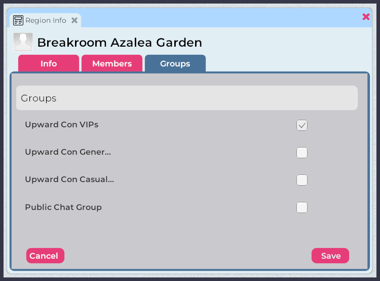 A screenshot of the Region Information window > Groups tab, with four groups listed.