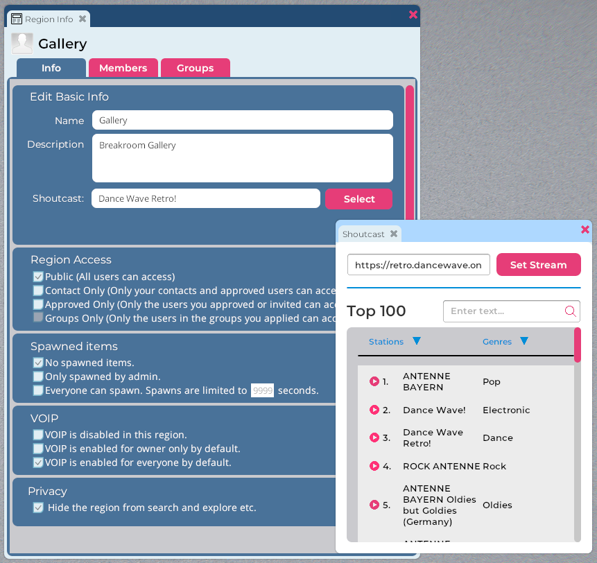 A screenshot of the Region Information window alongside the audio stream selection menu. Multiple audio streams are listed.