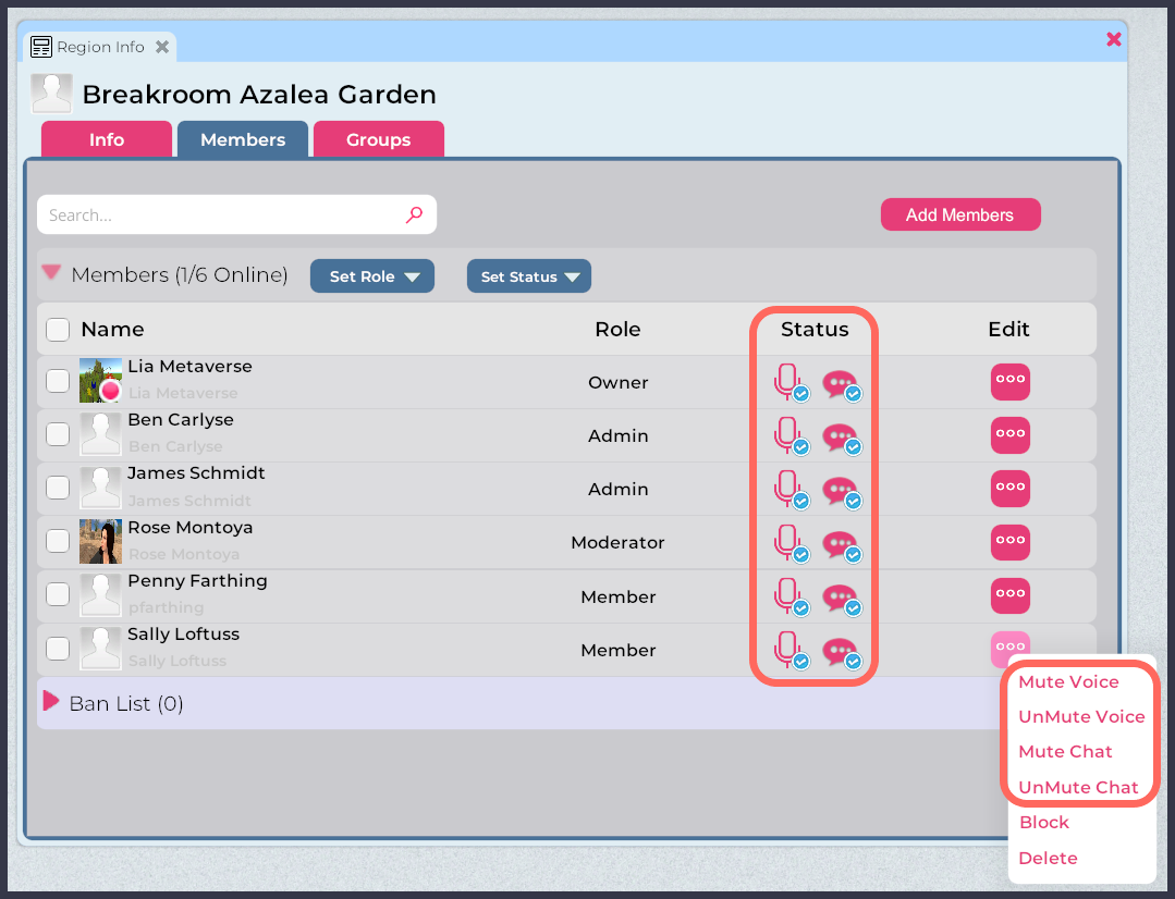 A screenshot of the Region Information window > Members tab, with the location of the Status icons and the Edit button action menu highlighted.