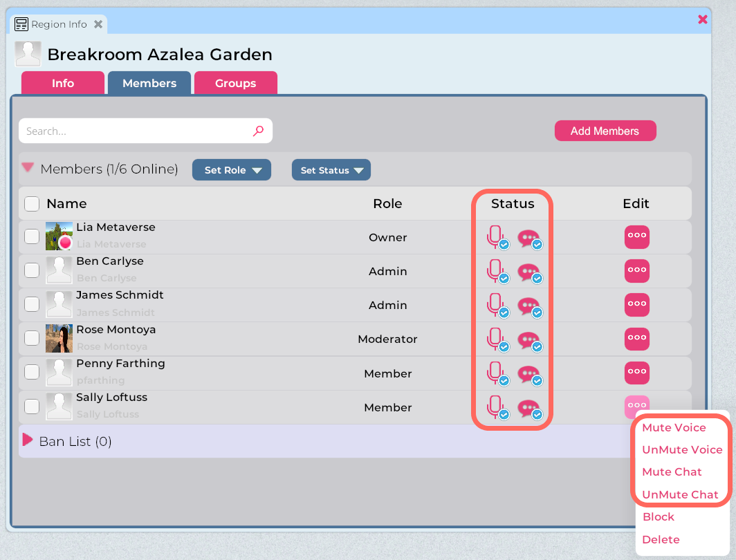 A screenshot of the Region Information window > Members tab, with the location of the Status icons and the Edit button action menu highlighted.